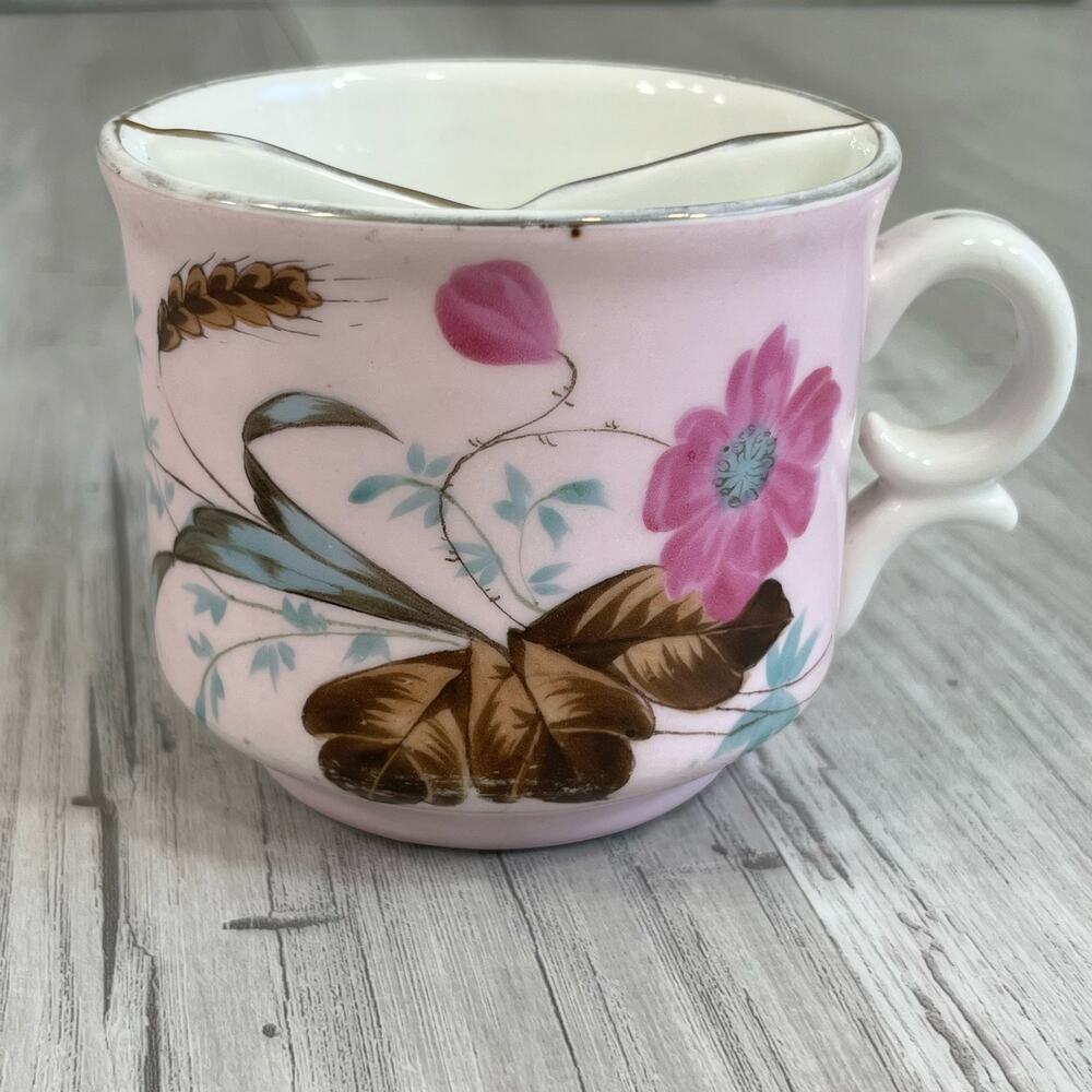 Vintage Pink Brown Blue Floral Mustache Mug Cup